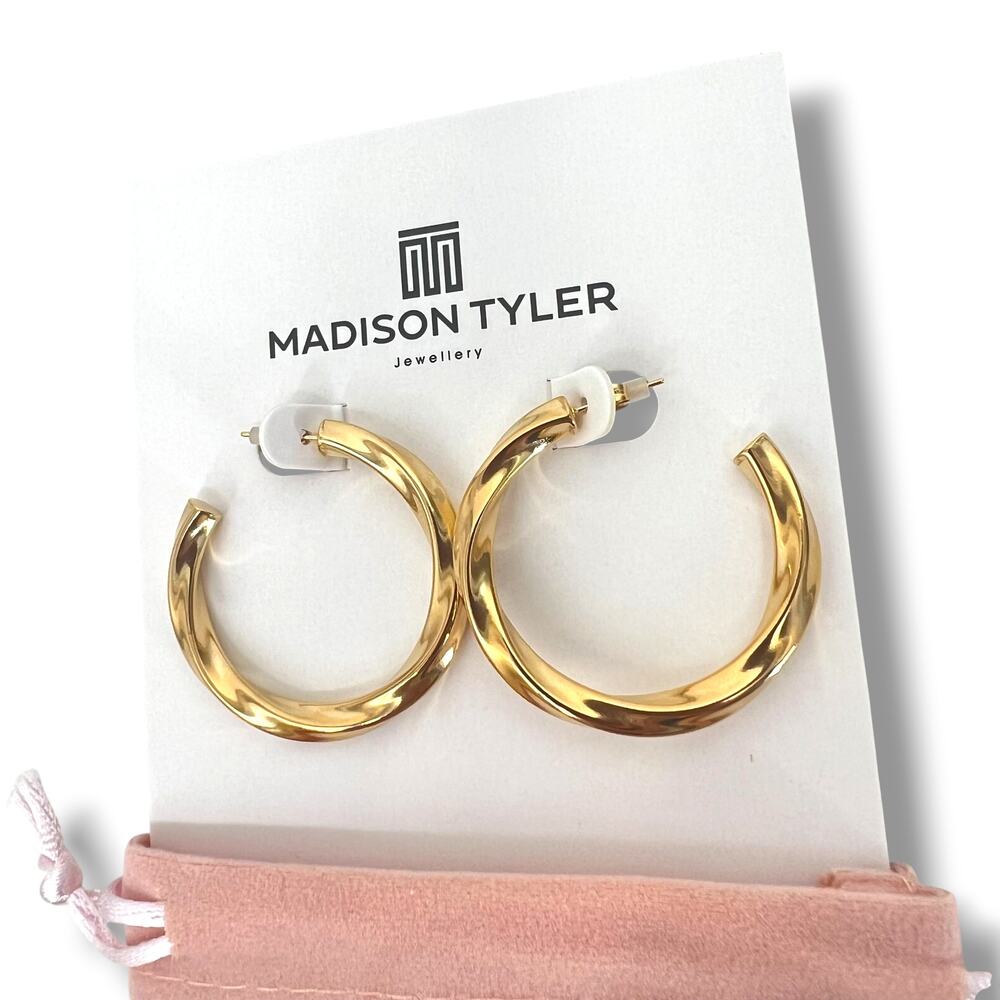 MADISON TYLER Twisted Chunky Gold Hoop Earrings & Storage Bag NWT